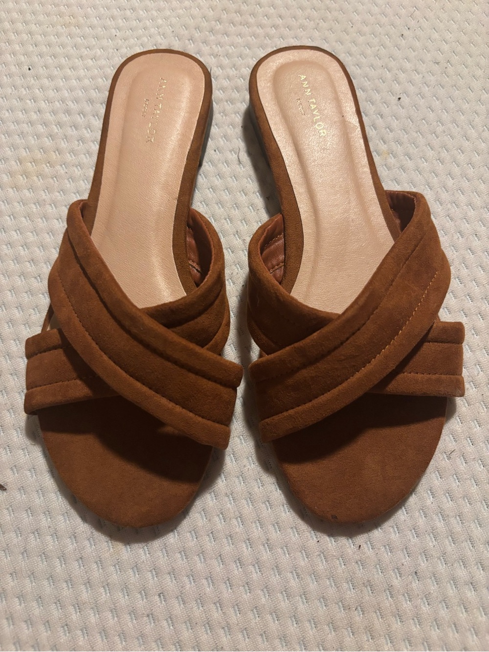 Ann Taylor Cognac Brown Suede Crossband Slide Mules